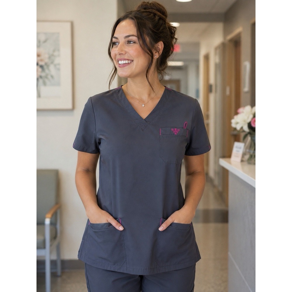 Med Couture 8403 Womens Scrub Top M Gray Pink 3 Pocket V Neck Medical Nurse